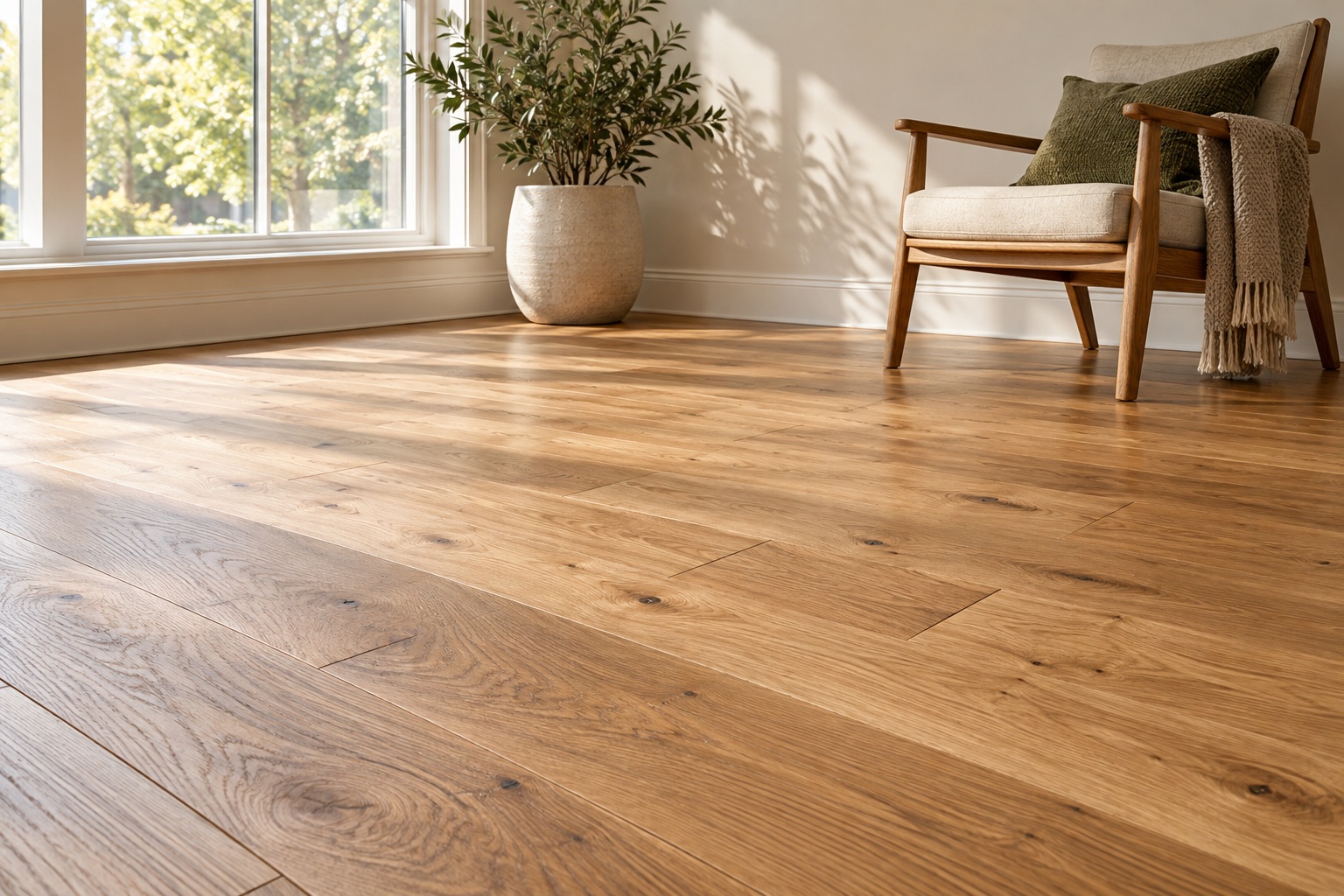 Illustrative warm hardwood by a sunny window