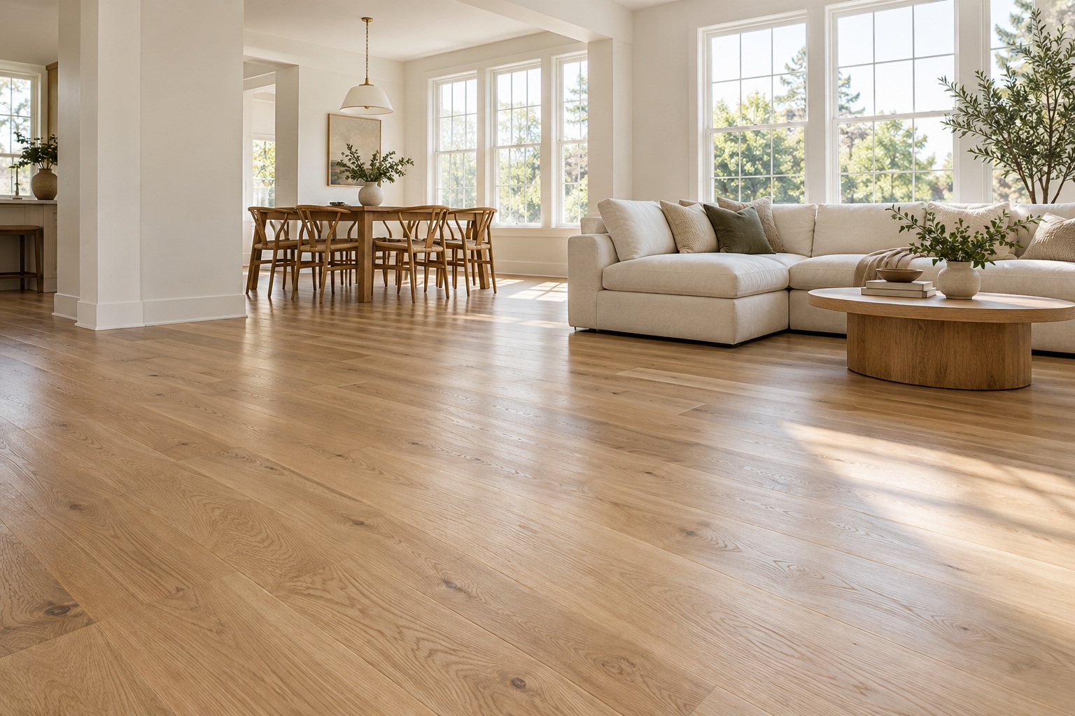 Illustrative sunlit living room with warm hardwood floors